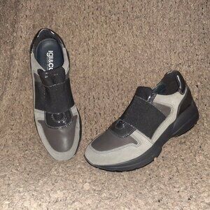IGI&CO-Black/Gray Leather/Suede Wedge Sneakers-Elastic Strap-Sz 40/9.5-Near Mint